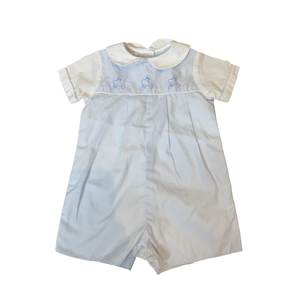 Petit Ami Romper Baby Boys 0-3 Months Blue Airplane Embroidered One Piece